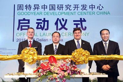 The Goodyear Tire & Rubber Company has established its first development center in China. Participating in an event celebrating the opening of the facility in Pulandian are (from left) Richard J. Kramer, Goodyear chairman and chief executive officer; Tang Jun, party secretary, Dalian Municipal Committee; Scott Weinhold, consul general, United States Consulate in Shenyang, China; and Xiao Shengfeng, mayor, Dalian Municipal Government.
