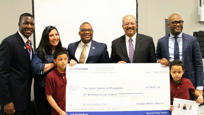 (L to R) Dr. Art McCoy, Chief Academic Officer at MIND Research Institute, Awilda Aguila Balbuena, Principal at Philip H. Sheridan Elementary, Zafar Brooks, Director of CSR and Diversity Inclusion at Hyundai Motor America, Congressman Chaka Fatttah of Pennsylvania's 2nd Congressional District, and Dr. Donyall Dickey, Chief Academic Officer at The School District of Philadelphia pose for a photo with students during a press conference at Philip H. Sheridan Elementary in Philadelphia, Penn. on Monday, March 30, 2015, in which Hyundai presented the school district with a grant to continue to provide ST Math(R) at 19 campuses.