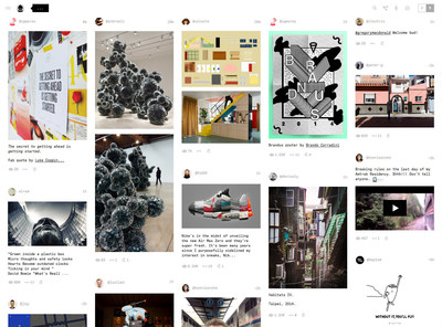 The new Ello V2 full-screen Noise Stream view, featuring wall to wall navigation, and a fluid grid. Visit http://ello.co.