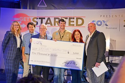 Drytunes wins Get Started NOLA and accepts the check with Inc.'s Kris Frieswick, Voodoo Venture's Chris Schultz, Fleurty Girl's Lauren Thom and Cox Business' Steve Rowley.