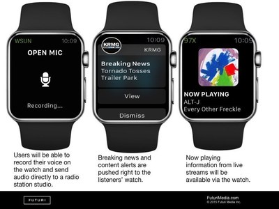 Futuri Media will now interface with the Apple Watch. These are some examples of how Futuri's Open Mic, Breaking News, and Now Playing features may appear to end users.