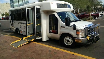 The Champion Bus LF Transport low floor model features Dallas Smith Corporation's innovative and patented commercial bus technologies, such as the Equalizer Ramp, IntelliSYNC electronically controlled 