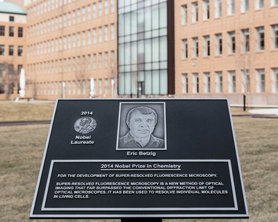 Plaque recognizing Eric Betzig, winner of 2014 Nobel Prize in Chemistry for his transformative work on molecular and biological imaging. Part of new Bell Labs Nobel Prize Laureate Garden on Bell Labs' campus in Murray Hill, New Jersey recognizing the13 scientific minds from Bell Labs that have shared eight Nobel Prizes in physics and chemistry to date.