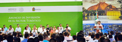 President Enrique Pena Nieto of Mexico praises the investment in tourism by Grupo Vidanta and Daniel Chavez Moran during an April 9, 2015, press conference at the Vidanta Theater in Riviera Maya.