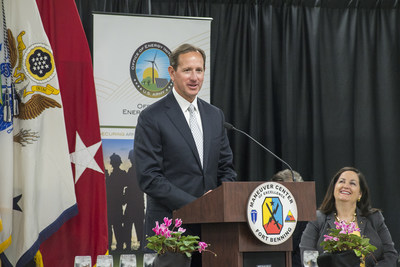 Georgia Power Chairman, President & CEO Paul Bowers discusses the importance of the Fort Benning 30 MW solar project to the state at the base on Friday, April 17. Bowers also noted the company's commitment to enhancing Georgia's position as a solar leader, and the extensive collaboration between the utility, the state's PSC and the U.S. Army needed to bring the project to construction.