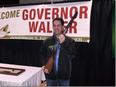 Wisconsin Governor Scott Walker with the Wisconsin-made Henry Big Boy Steel .44 Magnum rifle he was presented with at the 50th Annual Governor's Fishing Opener on May 1, 2015.