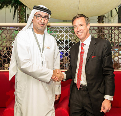 His Highness Sheikh Ahmed Bin Saqr Al Qasimi and Marriott International's Global CEO Arne Sorenson sign a deal at The Ras Al Khaimah stand at The Arabian Travel Market Exhibition on May 6, 2015 in Dubai, United Arab Emirates.