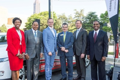 Georgia Power, elected officials and community leaders mark the roll out of Georgia Power's new fleet of EVs. (Left - Right) Latanza Adjei (Vice President of Sales, Georgia Power); Kenny Coleman (Senior Vice President of Marketing, Georgia Power); Michael Beinenson (President, EV Club of the South); Commissioner Tim Echols (Georgia Public Service Commission); Paul Bowers (Chairman, President & CEO of Georgia Power); and Carl Jackson (Electric Transportation Manager, Georgia Power).