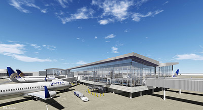 Exterior rendering of all-new Terminal C North concourse at its Houston hub. New glass structure with airplanes parked at gates.