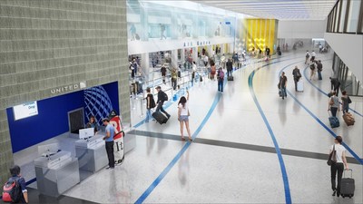 A rendering of the new customer screening space at LAX. People lining up fro screening.