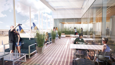 A rendering of the new United Club terrace at LAX. Tall glass windows with planes on tarmac. Inside, people mingling in front of tables and plants.