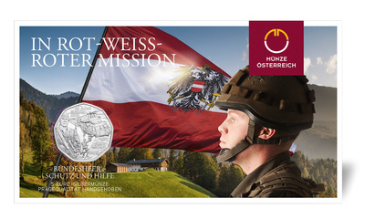 The Austrian Army 60-year commemorative silver coin comes decoratively wrapped for collectors from the Austrian Mint.