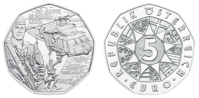 The silver 5 Euro coin by the Austrian Mint commemorates the Austrian Bundesheer's 60th anniversary in May 2015. The BLACK HAWK helicopter has become an iconic emblem of the Bundesheer's success. Austrian Mint image.