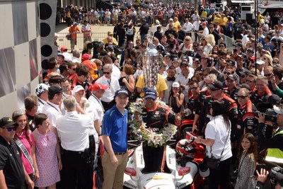 Standing beside the Borg-Warner Trophy(TM) in Victory Lane, BorgWarner President and Chief Executive Officer James Verrier congratulated Juan Pablo Montoya on his victory at the Indianapolis 500.