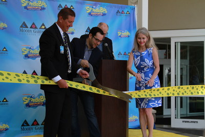Moody Gardens President/CEO John Zendt; Marc Epstein, Nickelodeon's Senior Vice President of Sports, Recreation and New Business Marketing; Galveston's Mayor Pro Tem Terrilyn Tarlton and Moody Gardens emcee Steve Smith cut the ribbon for the official grand opening of the new SpongeBob SubPants Adventure Saturday with festivities scheduled throughout the holiday weekend.