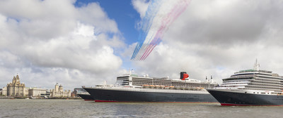 The Red Arrows fly over Cunard's Three Queens on the Mersey. Credit: James Morgan for Cunard