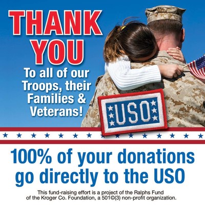 Customers may support the USO by donating their spare change in the checkstand canisters featuring this message at all Ralphs stores.