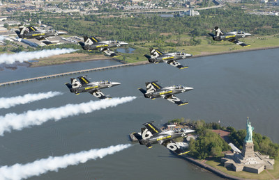 The Breitling Jet Team fly in formation over Statue of Liberty in New York City. The team, who represent the independent Swiss watch company Breitling, are embarking on their first-ever American Tour, comprised of nearly 20 air shows across the US and Canada. (Andy Wolfe/Breitling)