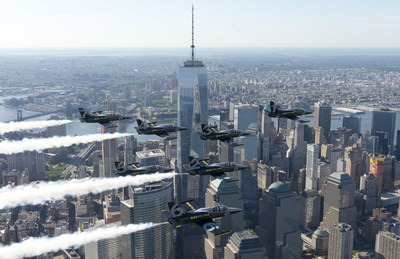 The Breitling Jet Team fly in formation over the Freedom Tower at the World Trade Center in New York City. The Breitling Jet Team is the world's largest professional civilian jet flight team. (Andy Wolfe/Breitling)