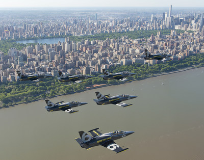 The Breitling Jet Team fly in formation over Central Park in New York City. The Team, who represent the independent Swiss watch company Breitling, are embarking on their first-ever American Tour, comprised of nearly 20 air shows across the US and Canada. (Andy Wolfe/Breitling)