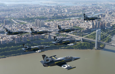 The Breitling Jet Team fly in formation over George Washington Bridge in New York City. Made up of seven L-39C Albatros jets that can reach speeds of up to 565 mph (909 kph), the Breitling Jet Team is the world's largest professional civilian jet flight team. (Andy Wolfe/Breitling)