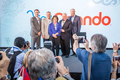 From left to right: Adrian Jones, Divisional Director - LEGOLAND Florida Resort; Peter Kacheris, Managing Director at Waldorf Astoria Orlando & Hilton Orlando Bonnet Creek; Orange County Mayor Teresa Jacobs; Roger Dow, President & CEO U.S. Travel Association; and George Aguel, President and CEO of Visit Orlando, addressed nearly 500 international media at IPW 2015, the industry's premier convention taking place this year in Orlando, Fla.