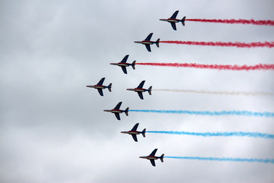 French jets fly in formation during the 2013 Paris Air Show. Raytheon is bringing the latest in its defense and aerospace technology to the international aviation and aerospace event, which draws businesses and enthusiasts from all over the world.