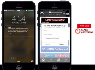 With Futuri Media's new Flash Contesting feature, media listeners or viewers who have downloaded an app can receive push notifications telling them when to open their app to win a prize. Futuri designed the new feature to drive tune-ins, time spent listening, and ratings for TV and radio stations using their mobile platform to design apps.