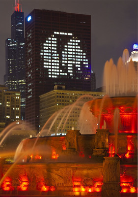 CNA's headquarters lit to feature the Chicago Blackhawks mascot, Tommy Hawk