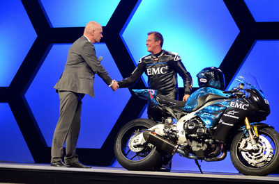 John McGuinness, a.k.a 'Morecambe Missile', with EMC CMO Jonathan Martin.