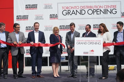 Acklands-Grainger celebrates the Grand Opening of its Toronto Distribution Center in Caledon, Ontario. L to R: DG Macpherson, SVP and Group President, Global Supply Chain & International, Grainger; Simon Kelly, Distribution Centre Director, Acklands-Grainger; Greg Harman, VP, Supply Chain, Acklands-Grainger; Sylvia Jones, MPP Dufferin-Caledon; Dean Johnson, President, Acklands-Grainger; Rob Mezzapelli, Town Councilor; Paige Robbins, VP, Global Supply Chain, Grainger; Court Carruthers, SVP and Group President, Americas, Grainger.