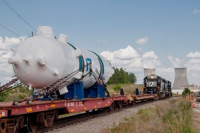 The 225,000-pound Vogtle Unit 4 pressurizer, fabricated in Italy and delivered to the Vogtle nuclear expansion in May.