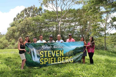 Kauai residents show their appreciation to Steven Spielberg at Jurassic Kahili Ranch on Kauai, (l-r) Linda Graham, Sherri Ephan, Michael Gregg, Sean Garcia, Randall Cremer, Steve Rodrigues, Solomon Kanoho, Molly McGee and Veronica Pablo.