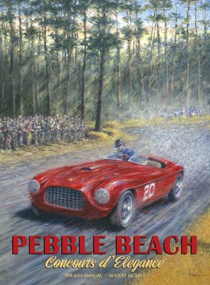 2015 Pebble Beach Concours d'Elegance poster celebrating Ferraris that Raced at Pebble Beach. Painting by Peter Hearsey/ Editorial use courtesy Pebble Beach Concours d'Elegance.