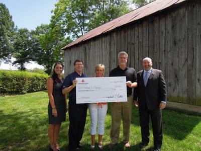 Community Bank of the Chesapeake representatives present the donation check to Farming 4 Hunger. Pictured from left to right: Lacey Pierce, Senior Vice President, Senior Lender for Community Bank of the Chesapeake; Michael Middleton, Executive Chairman of the Board of Directors for Community Bank of the Chesapeake; Farming 4 Hunger treasurer Rose Torboli and founder Bernie Fowler; and Don Parsons, Jr., Senior Vice President, Senior Lender with Community Bank of the Chesapeake.