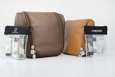 Two leather amenity kits with skin-care products