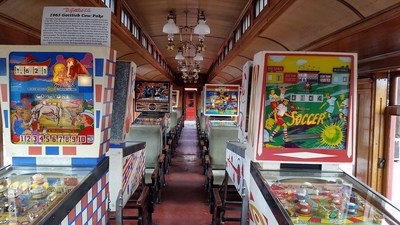 Pinball Pendolino at Strasburg Rail Road features 12 vintage pinball machines, allowing passengers to test their skill (and luck) navigating the playfield as the massive steam train chugs to Paradise, PA and back.