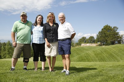 Ronie Huddleston, First Sergeant, Retired, Army Infantry, with 20 deployments to his credit, is joined by his wife Elizabeth, Project Sanctuary Executive Director Heather Ehle and Aimco's Chief Administrative Officer Miles Cortez at the Aimco Cares Charity Golf Classic at Sanctuary golf course in Sedalia, Colorado.