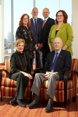 The Hubbard Family. Standing from left to right: Kathryn H. Rominski (Kari), Stan E. Hubbard, Robert W. Hubbard (Rob), Virginia H. Morris (Ginny). Seated from left to right: Karen H. Hubbard and Stanley S. Hubbard.
