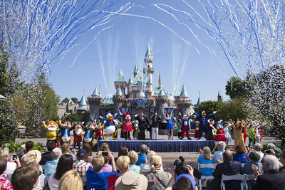 DAZZLING DAY - Mickey Mouse and his friends celebrate the 60th anniversary of Disneyland park during a ceremony at Sleeping Beauty Castle featuring Academy Award-winning composer, Richard Sherman and Broadway actress and singer Ashley Brown, in Anaheim, Calif. on Friday, July 17. Celebrating six decades of magic, the Disneyland Resort Diamond Celebration features three new nighttime spectaculars that immerse guests in the worlds of Disney stories like never before. (Paul Hiffmeyer/Disneyland Resort)
