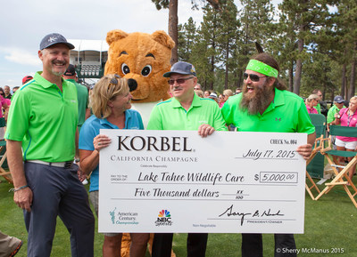 On July 17th 13 of the world's most legendary athletes and entertainers competed in Lake Tahoe for the Korbel Closest-to-the-Pin Challenge as part of the American Century Celebrity Golf Championship, currently being played at Edgewood Golf Course. Duck Dynasty Star Willie Robertson took home the title, winning a $5,000 donation from the  for the Tahoe Wildlife Care from the Korbel Toast Life Foundation. Pictured L-R: Todd Kennedy, Korbel; Sue Novasel, District Five Supervisor; Gary Heck, Korbel; Willie Robertson, Duck Dynasty