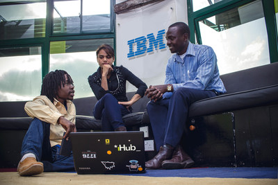 IBM Innovation Space @ iHub. Kenyan entrepreneur, Allan Juma, Co-Founder of Bitsoko (left) with Jessica Colaco, Director of Partnerships @iHub and Kennedy Wariua, IBM Ecosystem Development Leader (right)