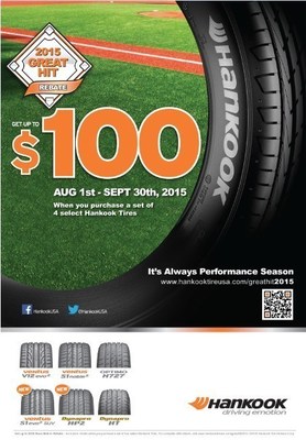 The Hankook Tire 2015 'Great Hit' mail-in rebate program runs August 1st through September 30th, 2015.