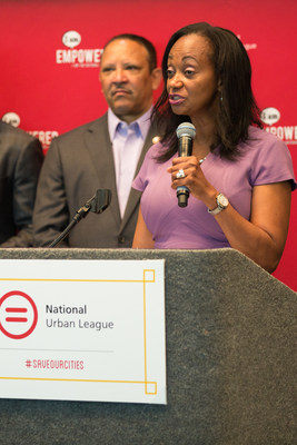 Marc Morial, President & CEO, National Urban League, looks on as Alva Mason, National Manager, African American Business Strategy Group, Toyota North America, speaks at the opening press conference today at the 2015 National Urban League conference in Ft. Lauderdale.