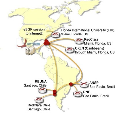 Map of the ONOS / SDN-IP deployment on the FIU/AmLight network