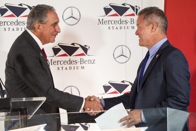 Arthur Blank, owner of the Atlanta Falcons NFL team and Major League Soccer's Atlanta United, and Stephen Cannon, president and CEO of Mercedes-Benz USA, celebrate the unveiling of Mercedes-Benz Stadium on Monday, August 24, in Atlanta, Ga. Mercedes-Benz Stadium will be home to the Atlanta Falcons and the new Atlanta United FC when it opens in 2017. (Mercedes-Benz USA/Paul Abell) Arthur Blank, Steve Cannon (KEY PHOTO)