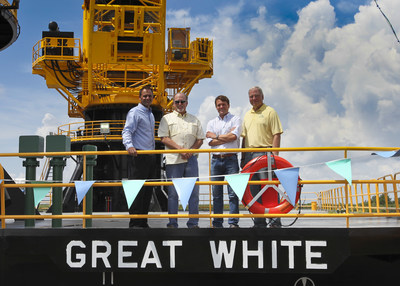All Coast Vice President/Chief Operating Officer Byron Allemand, Co-CEO/Manager John Powers, Board Member Stephen Minor, Co-CEO/Manager John Nesser attend the August 20 christening ceremony of All Coast's new Class 250 Liftboat, the Great White.