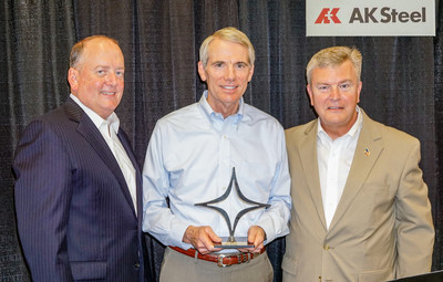 STEEL CHAMPION AWARD: United States Senator Rob Portman of Ohio is presented with a "Steel Champion" award from the American Iron and Steel Institute (AISI) at AK Steel's Zanesville, Ohio Works. Left to right, Thomas J. Gibson, President and CEO AISI, Senator Rob Portman, and James L. Wainscott, Chairman, President and CEO of AK Steel.