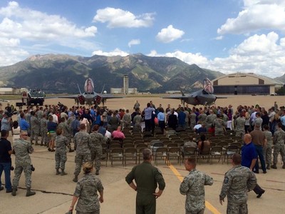 Col. David Lyons, 388th Fighter Wing Commander, and Lt. Col. Yosef Morris, 34th Fighter Squadron Director of Operations, are greeted by Airmen and civic leaders after delivering the first two F-35As to Hill AFB today. The jets, known as AF-77 and AF-78, arrived at 1:13 p.m. MDT after an approximate two hour flight from the F-35 production facility in Fort Worth, Texas. These aircraft are the first two of 72 jets that will be assigned to both the 388th and 419th Fighter Wings at Hill. (AF photo courtesy of Hill AFB Public Affairs)