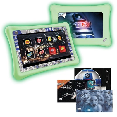 The Force Star Wars Accessory Bundle nabi Collector's Edition Tablet Light Side Version featuring a glow-in-the-dark Drop Safe bumper and R2-D2 frame and sticker wrap. The Force Star Wars Accessory Bundle's digital suite features authentic Star Wars wallpapers and sound effects from the Star Wars movie franchise to customize the on screen experience.
